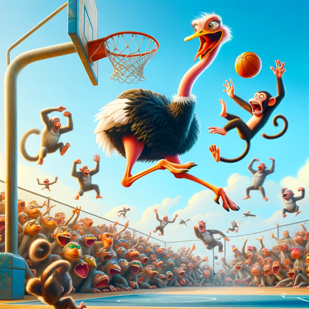 An Ostrich doing a slam dunk on a Monkey